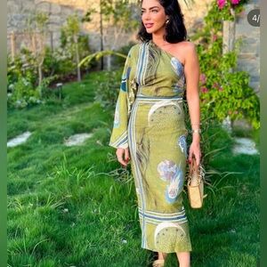 Zara One Shoulder Celestial Unicorn Print Maxi Dress XL Linen Blend